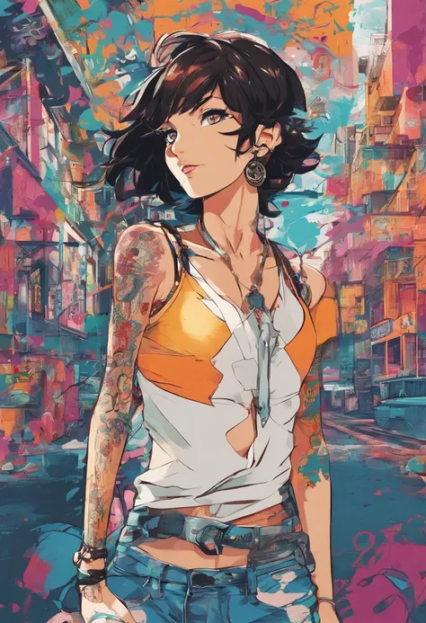 Anime illustration of a young supermodel with a toned physique, In a spicy punk crop top, Low Rise Pants, Messy Short Hair, Demonstration of various intricate tattoos, confidently standing in the middle of an abandoned street in Chiba. . Anime style, Key V...