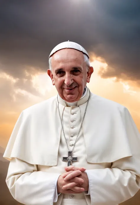 (best quality,4k,8k,highres,masterpiece:1.2),ultra-detailed,(realistic,photorealistic,photo-realistic:1.37),papa francisco,front head,lighting strikes in the sky,night,expressive eyes,captivating smile,papal vestments,faint glow,peaceful background,celesti...