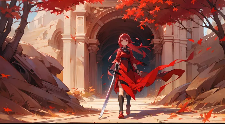 [Anime 1.5], anime girl walking in desert ruins, maple trees, crimson long elegant hairs, crimson eyes, holding red sword, walking alone, 1girl