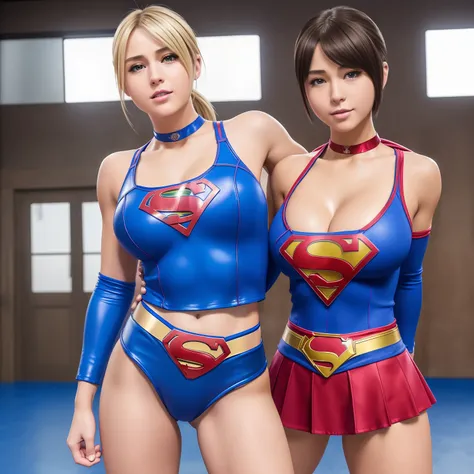 (Best Quality,4K,8K,hight resolution,masutepiece:1.2),Ultra-detailed,Realistic:1.37,Super masterpiece,Short-haired Supergirl、Gymnasium、bare-legged、Looking at the camera、large full breasts、Too short miniskirt、highleg、Wrestlers、Magazine covers、Glossy costume...