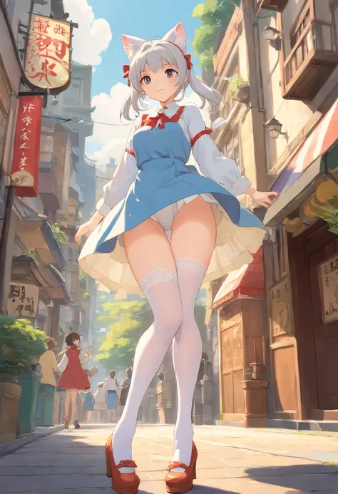 white stockings，Slender calves，White double ponytail，White pupils，White Lolita，Extremely tall girl，A giantess，In the city，Full limbs，The face is delicate，Long-range shots，There are cat ears on the head, cute big breasts，Chopstick legs，High volume，Masterpie...