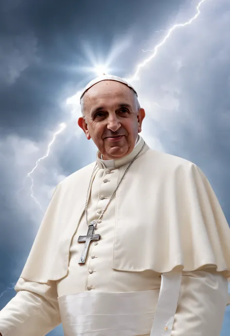 (best quality,4k,8k,highres,masterpiece:1.2),ultra-detailed,(realistic,photorealistic,photo-realistic:1.37),papa francisco,front head,lighting strikes in the sky,night,expressive eyes,captivating smile,papal vestments,faint glow,peaceful background,celesti...