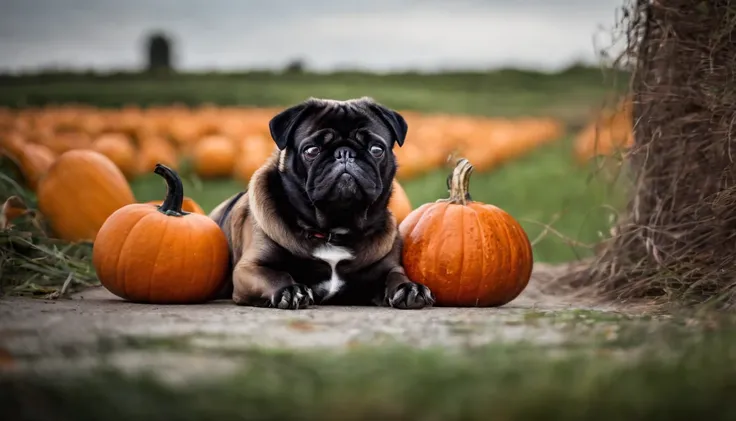 pug wearing pumpkin hat inside a pumpkin, macro.