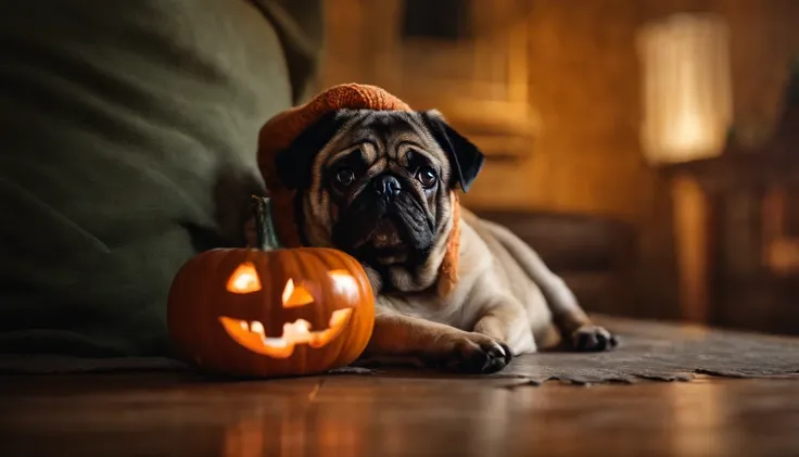 pug wearing pumpkin hat inside a pumpkin, macro.