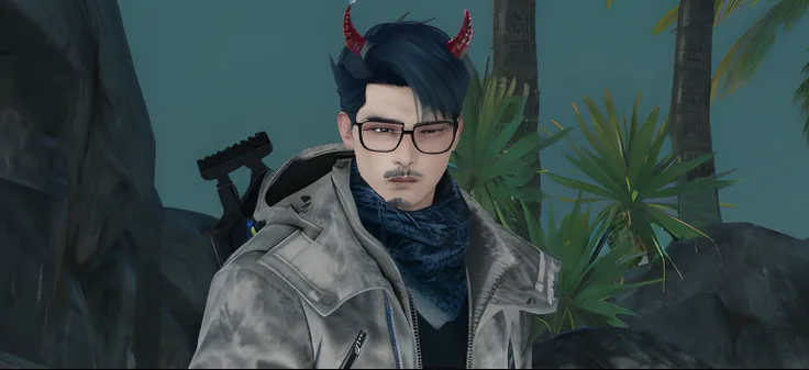 there is a man with a backpack and a jacket on, evil devious male, inspired by Jang Seung-eop, halfbody headshot, headshot profile picture, demon male, angry look, evil looking, fit male demon with white horns, with horns, human male demon, ingame image, s...