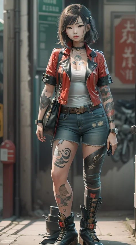 beautiful chinese girl with tattoos and motorcycle style boots standing in street view