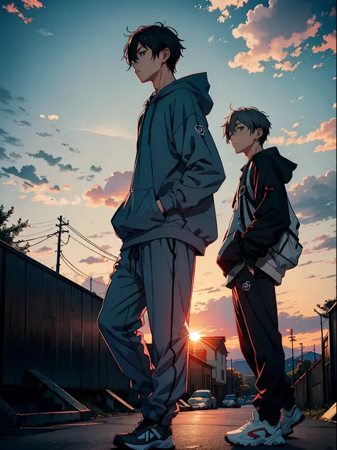 anime guy and beautiful sunset, gray baggy sporty clothes, rustic