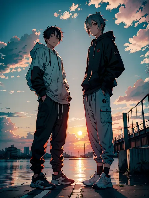 anime guy and beautiful sunset, gray baggy sporty clothes, rustic