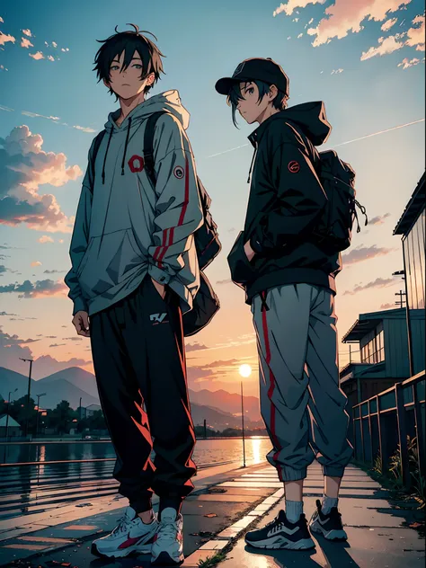 anime guy and beautiful sunset, gray baggy sporty clothes, rustic