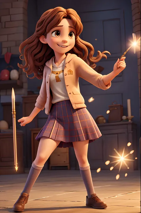 Hermione Granger character, smiling, acting, action, ((happy face)), flying, magic wand, full body, partical light, nice pose body