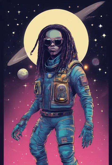 Alien, wearing hip-hop clothes, wearing shades, space, dreads, short alien