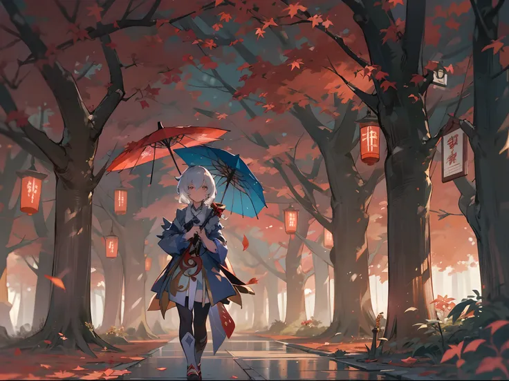 [Game 4.0], [Genshin Impact 4.0], [Ganyu 4.0], Ganyu , holding umbrella, walking alone, liyue, maple trees, night time, 1girl