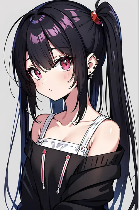 anime style girl，solo black hair、twin-tailed、two knots，red eyes，ear-piercing，off shoulders、facing the front，looking at the camer...