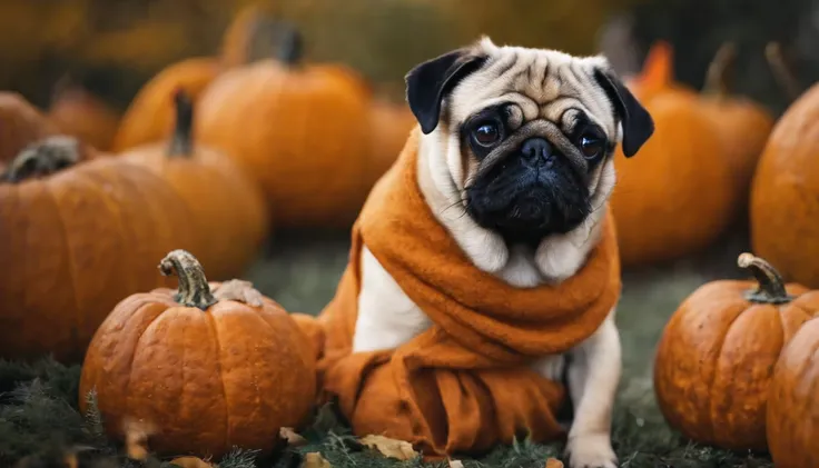 pug  sitting in a pumpkin, wearing hat made of pumpkin