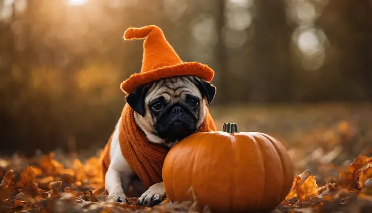 pug  sitting in a pumpkin, wearing hat made of pumpkin