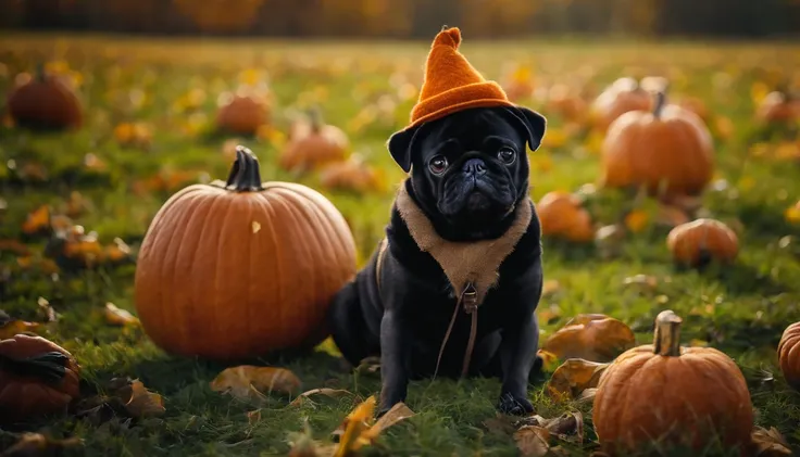 pug  sitting in a pumpkin, wearing hat made of pumpkin