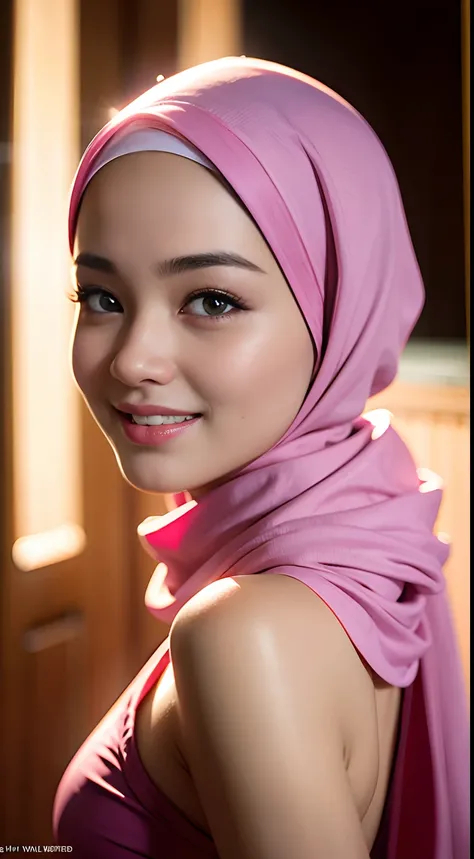 night scene, close up photo of a sexy naked malay girl with hijab, posing, look at a camera and smile, pink pastel hijab, (green eyes:0.8), cute young face, 18 yo, soft volumetric lights, (backlit:1.3), (cinematic:1.3), intricate details, (ArtStation:1.2)