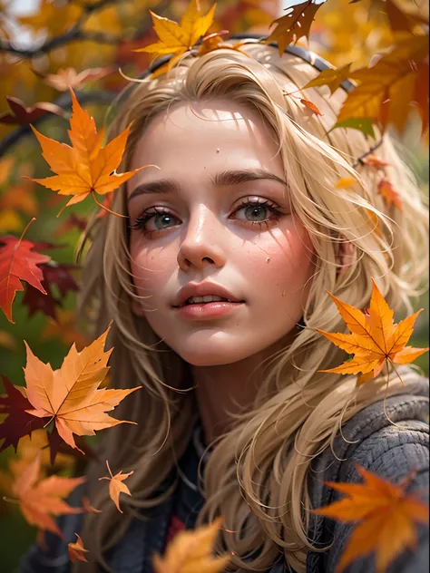 Best quality, Autumn weather close-up portrait of beautiful girl, Falling Autumn leaves, realistic, mystical blond lady, little bit rainy weather