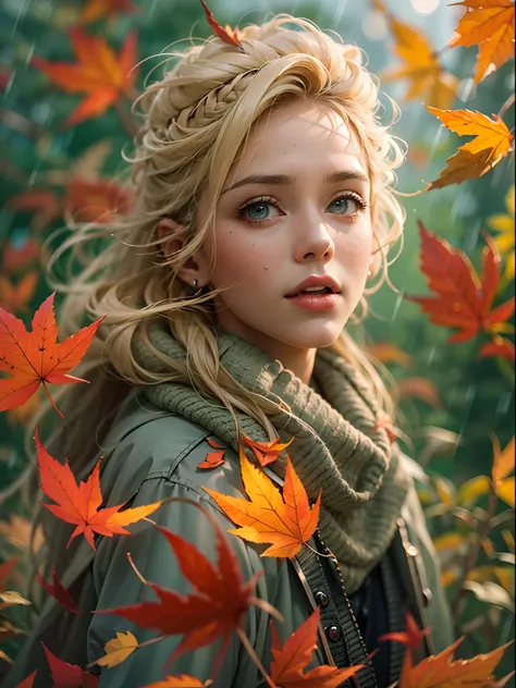 Best quality, Autumn weather close-up portrait of beautiful girl, Falling Autumn leaves, realistic, mystical blond lady, little bit rainy weather