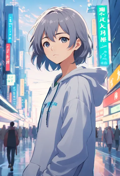 , Anime style, Concept art, Futuristic background, Vector style, Cinematic poster　Boy with gray hair　White hoodie　cool