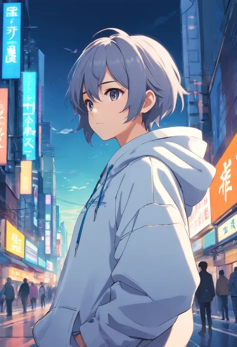 , Anime style, Concept art, Futuristic background, Vector style, Cinematic poster　Boy with gray hair　White hoodie　cool