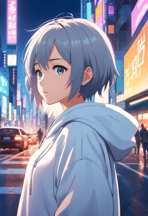 , Anime style, Concept art, Futuristic background, Vector style, Cinematic poster　Boy with gray hair　White hoodie　cool