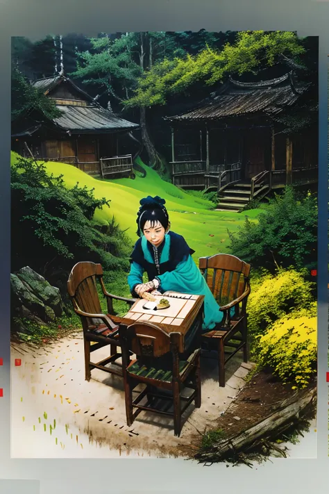 1girll，(solo:1.2)，grassy fields，sitting，highest image quality，best qualtiy，wooden tables，wooden chair，