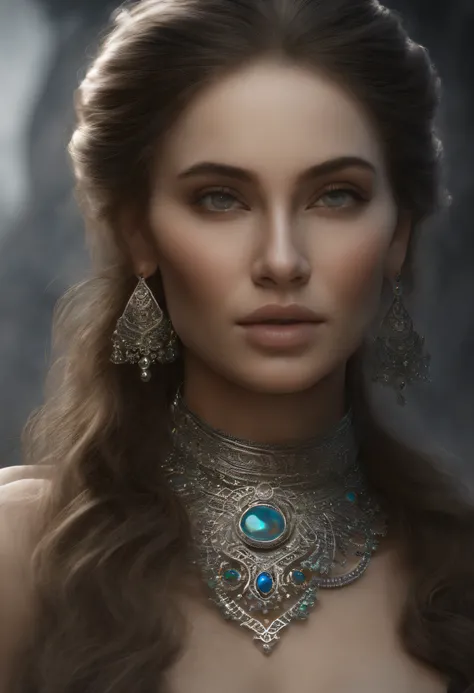 (Silver opal stone fittings based on very beautiful models), (Solo), ((Her facial features are beautiful and elegant)), (Her roots are in Eastern Europe and Asia), Double eyelids, (Slightly thick sexy lips:1.2), Ultra-fine and incredibly high-resolution si...