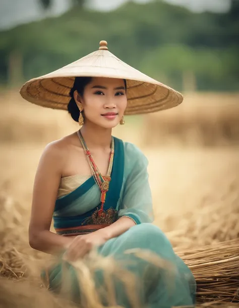 20-year-old woman, farmer, The face is as beautiful as a goddess., thailand, Traditional Thai folk costumes, Smooth white skin