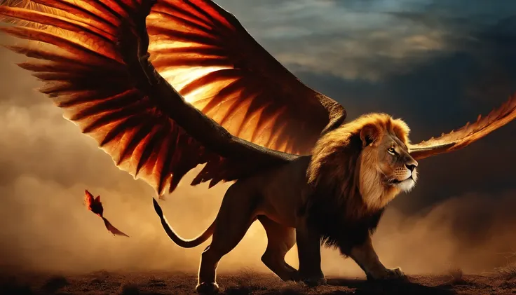 a lion with Wings (Lion Sky Dorado) CU (piercing red eyes),Close-up let go (Blood and fire) Through the nose,Chest scales,high high quality,8K,Many details,Fire lettuce,Alas,4 legs,Spotted claws,golds,dangers,fires,dentes pontiagudos,big dragon,immensity,t...