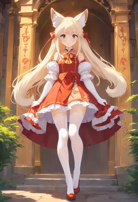 fox ear，Slender calves，white stockings，Masterpiece，Extremely tall girl，Huge maiden，Full limbs，Long-range shots,long  white hair，White Lolita