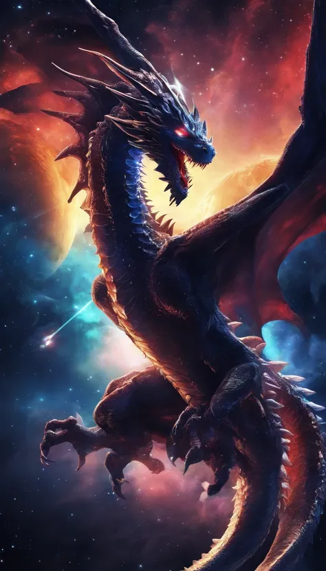 (Best quality,4K,High-res,Masterpiece:1.2),Extremely detailed,Gigantic,Western Dragon,Black Dragon,immensity,Ferocious creatures,Terrifying,Sharp scales,Vibrant colors,hot atmosphere,treasure,soaring through the sky,Overwhelming presence,Majestic wingspan,...