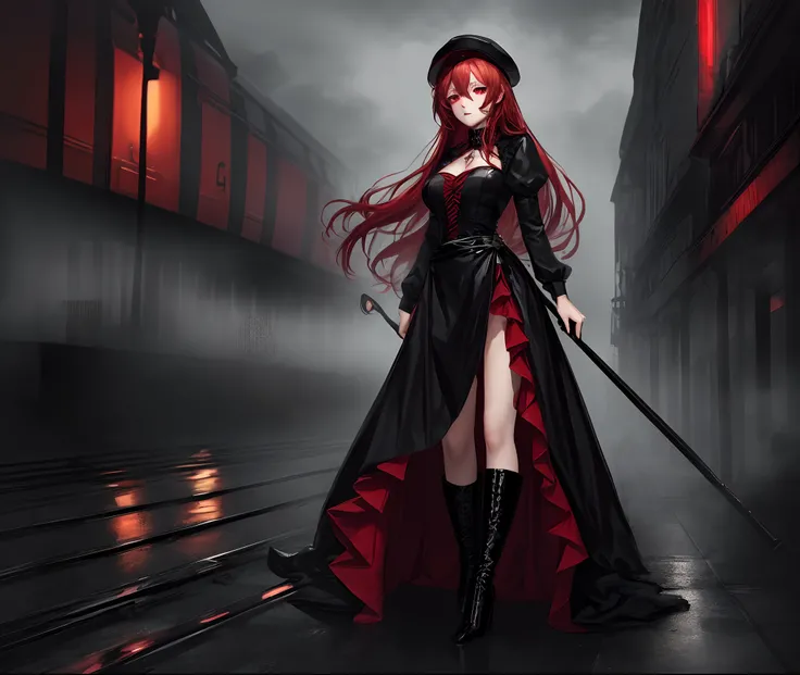 ((beste-Qualit, tmasterpiece)), 
a 1girl, waist-high, red orange long hair, dark red eyes, rhombus pupils, black and red gothic dress with a long train, hat on his head, high boots with heels, cane in hand, Foggy Street, gloomy atmosphere