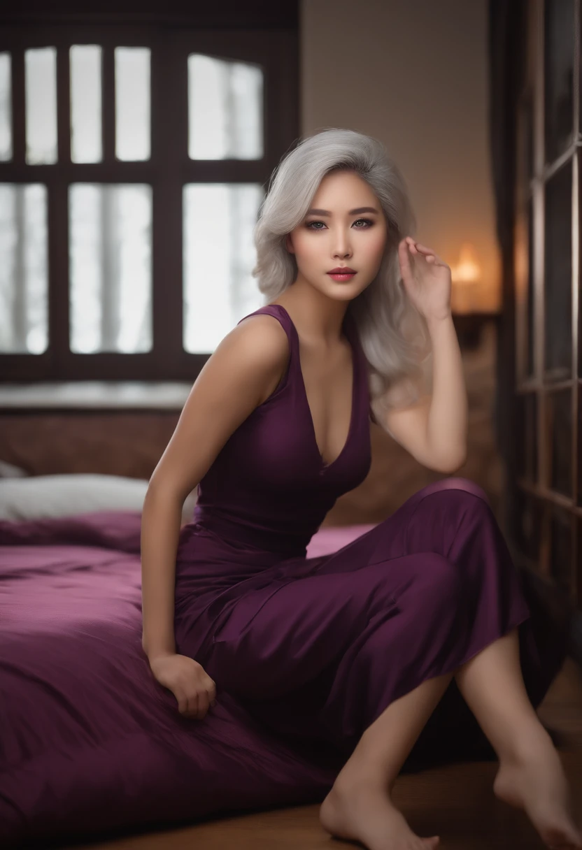 Asian woman fully , sexy girl with brown eyes, ultra realistic, meticulously detailed, portrait white hair and large eyes, selfie of a young woman, bedroom eyes, violet myers, without makeup, natural makeup, looking directly at the camera, face with artgra...