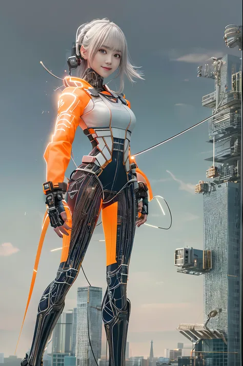 Cybernetic arm and glowing cyber girl,(J Womens Uniform,a sailor suit,White skirt,),Strenuous movements,Add a motion blur effect to simulate motion,Stand on a post-apocalyptic battlefield cityscape.Surrounded by a network of wires. Surrounded by a web of c...