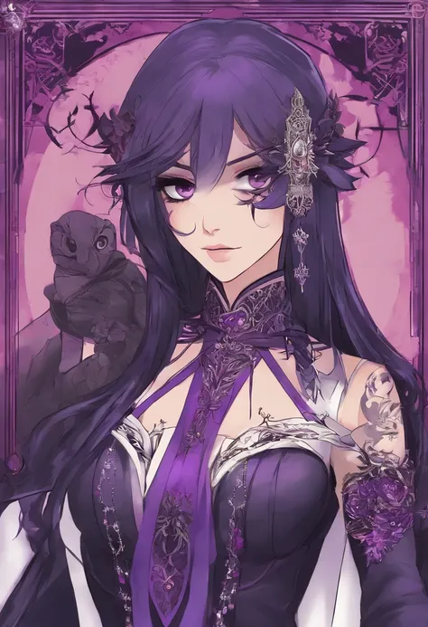 (((vivid purple eyes))), Half-elf female mage, Casaco Preto, (mangas roxas), (tight gray pants), (purple silk scarf), tied back silky shoulder length detailed black hair, (dark gothic makeup), pele castanha muito clara, (seios enormes), pequenas orelhas po...