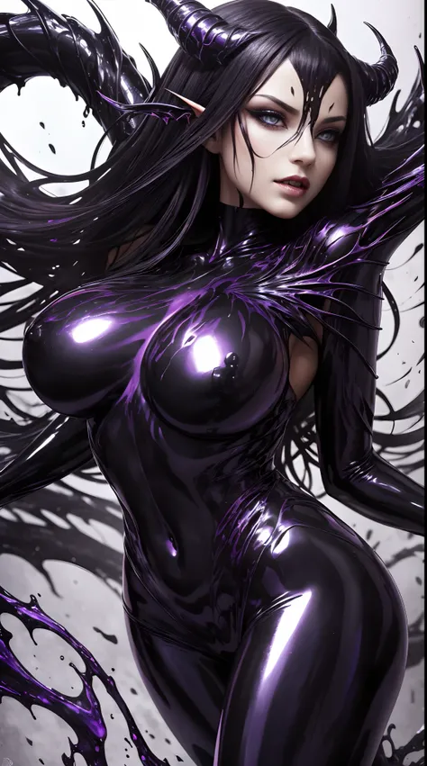 (Storyboard:1.4), Liquid succubus, liquid demoness, arcane liquid fluid fighting pose, sexy, alluring, erotic,( body formed from mauveine and black liquid metallic paint twisting into a beautiful interpretation of the female figure), long sharp fangs, ((co...