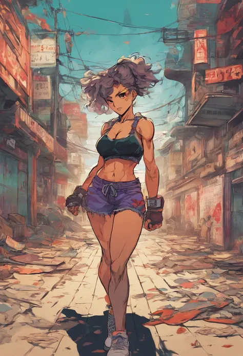 Anime illustration of a young supermodel with a toned physique, In a spicy punk crop top, Low Rise Pants, Messy Short Hair, Demonstration of various intricate tattoos, confidently standing in the middle of an abandoned street in Chiba. . Anime style, Key V...