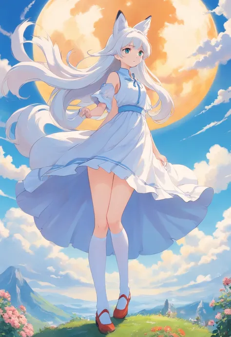 fox ear，Slender calves，white stockings，Masterpiece，Extremely tall girl，Huge maiden，Full limbs，Long-range shots,long  white hair，a white long skirt,with blue sky and white clouds