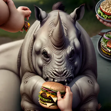 White rhinoceros eating burger