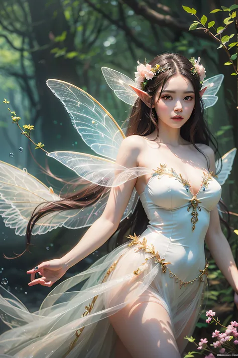 araffe fairy in a white dress walking through a stream, digital art inspired by WLOP, cgsociety contest winner, fantasy art, beautiful fairy, beautiful adult fairy, ethereal wings, a stunning young ethereal figure, portrait of a fairy, brunette elf with fa...