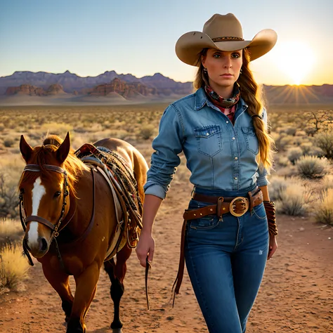 imagine a spirited and independent western cowgirl in a picturesque desert setting. she should be riding a beautiful chestnut ho...