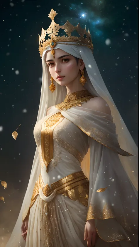 Soft and dreamy 8mm lens portrait of an Arabic dev brama of a universe adorned with a natural crown of gold and leaves and masses, ethereal dress. Soft snow sky. Using 8K High Definition. Art styles Greg Rutkowski , Android Jones , Tamsyn. Intricate dynami...