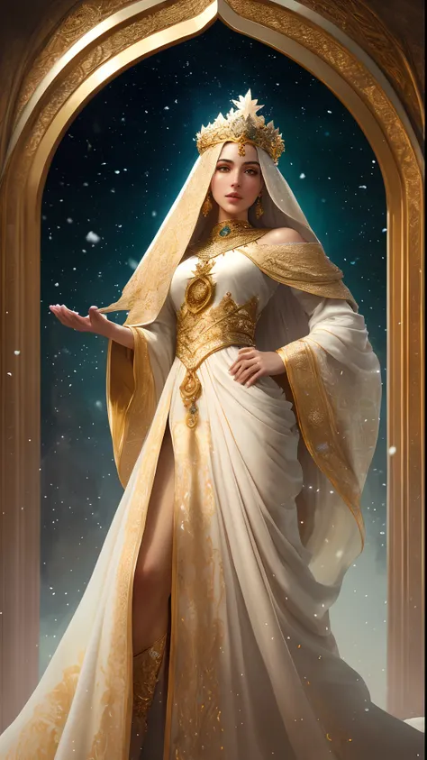 Soft and dreamy 8mm lens portrait of an Arabic dev brama of a universe adorned with a natural crown of gold and leaves and masses, ethereal dress. Soft snow sky. Using 8K High Definition. Art styles Greg Rutkowski , Android Jones , Tamsyn. Intricate dynami...