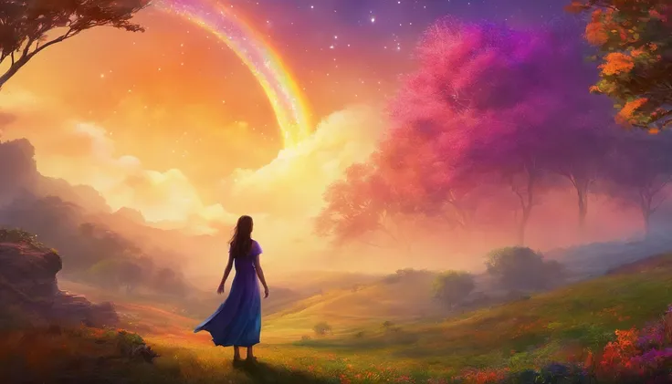 vasta foto de paisagem, (vista de baixo, The sky is above and the open field is below), a girl standing on a flower field looking up, (pegue a chave: 1.2), (meteoro: 0.9), (nebulosa: 1.3), montanhas distantes, BREAK Trees Artisanal Art, (luz quente: 1.2), ...