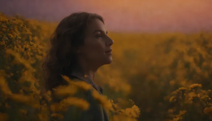 vasta foto de paisagem, (vista de baixo, The sky is above and the open field is below), a girl standing on a flower field looking up, (pegue a chave: 1.2), (meteoro: 0.9), (nebulosa: 1.3), montanhas distantes, BREAK Trees Artisanal Art, (luz quente: 1.2), ...