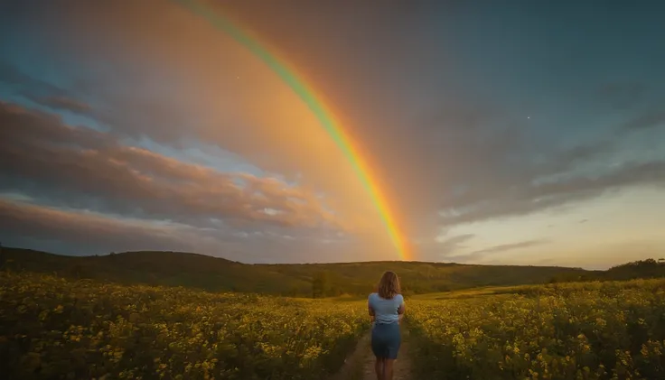 vasta foto de paisagem, (vista de baixo, The sky is above and the open field is below), a girl standing on a flower field looking up, (pegue a chave: 1.2), (meteoro: 0.9), (nebulosa: 1.3), montanhas distantes, BREAK Trees Artisanal Art, (luz quente: 1.2), ...