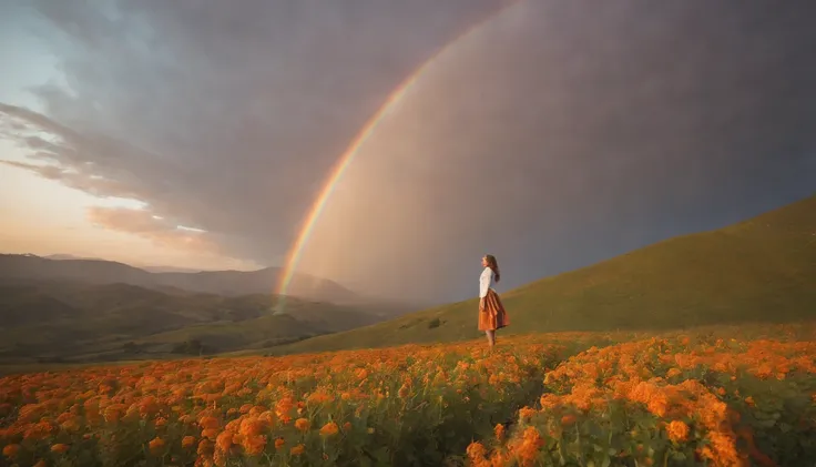 vasta foto de paisagem, (vista de baixo, The sky is above and the open field is below), a girl standing on a flower field looking up, (pegue a chave: 1.2), (meteoro: 0.9), (nebulosa: 1.3), montanhas distantes, BREAK Trees Artisanal Art, (luz quente: 1.2), ...