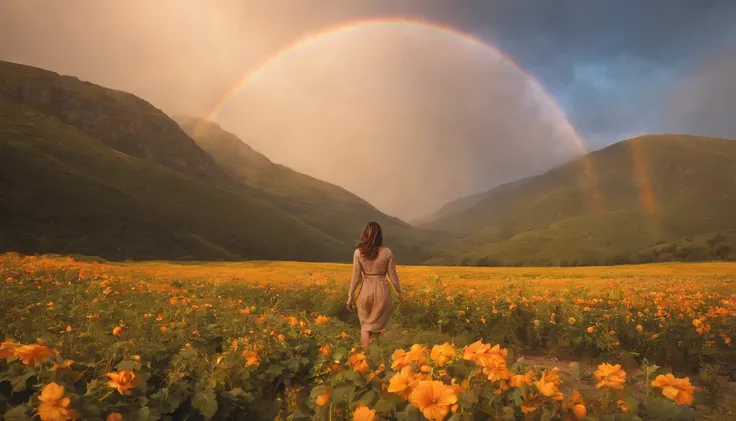 vasta foto de paisagem, (vista de baixo, The sky is above and the open field is below), a girl standing on a flower field looking up, (pegue a chave: 1.2), (meteoro: 0.9), (nebulosa: 1.3), montanhas distantes, BREAK Trees Artisanal Art, (luz quente: 1.2), ...