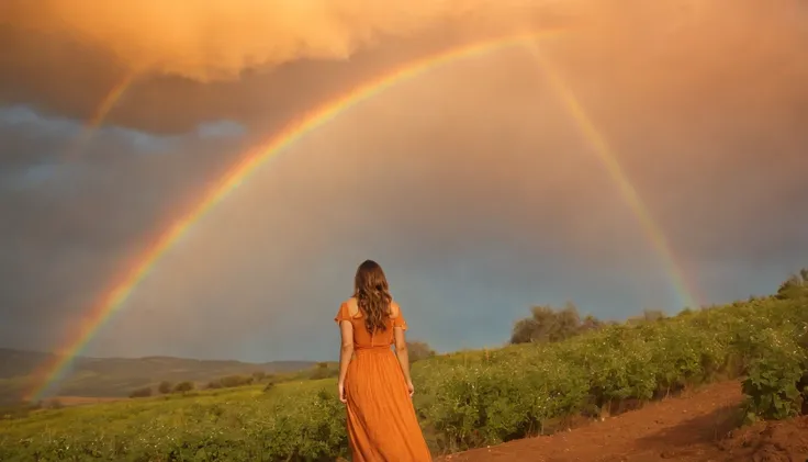 vasta foto de paisagem, (vista de baixo, The sky is above and the open field is below), a girl standing on a flower field looking up, (pegue a chave: 1.2), (meteoro: 0.9), (nebulosa: 1.3), montanhas distantes, BREAK Trees Artisanal Art, (luz quente: 1.2), ...